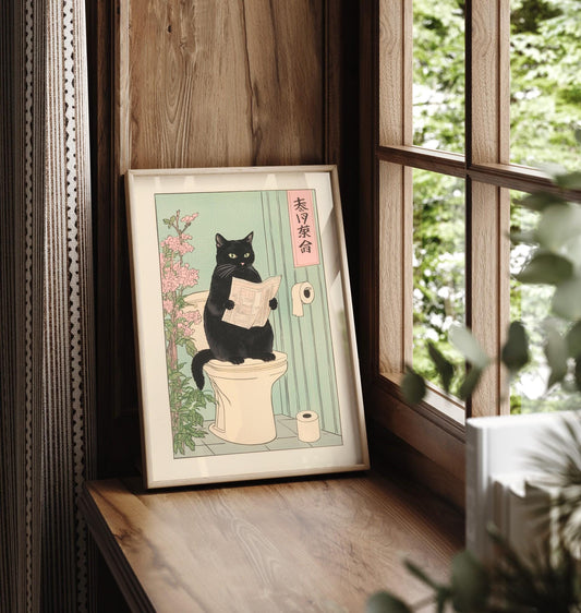 Japanese Black Cat on Toilet Print: Funny Bathroom Wall Art