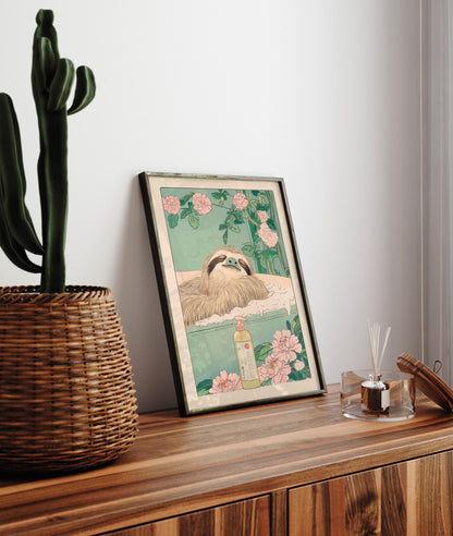 Sloth in Bathtub Ukiyo-e Print: Japandi Bathroom Wall Art