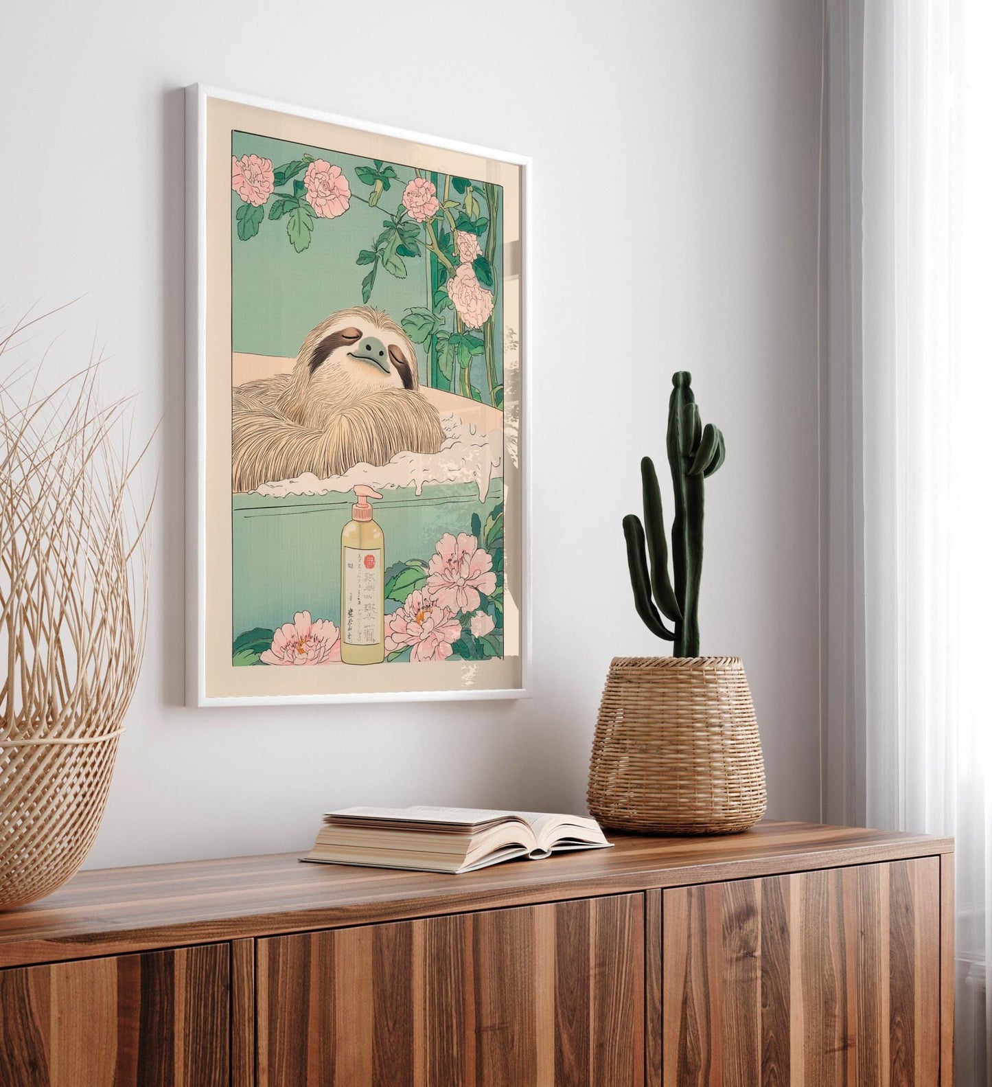 Sloth in Bathtub Ukiyo-e Print: Japandi Bathroom Wall Art