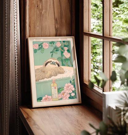 Sloth in Bathtub Ukiyo-e Print: Japandi Bathroom Wall Art