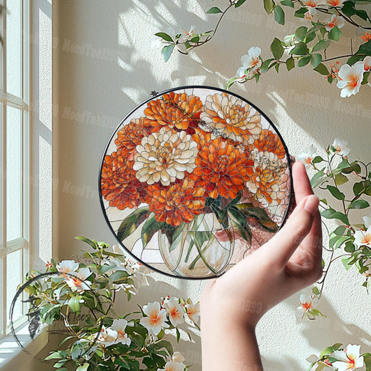 Marigold Art Stained Glass, Orange Flower Sun Catcher, Floral Window Ornament, Vibrant Home Decor, Gift for Flower Lovers, Limited Edition