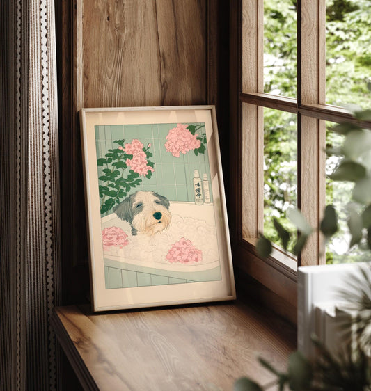 Schnauzer Bathtub Art Print: Ukiyo-e Japanese Bathroom Decor