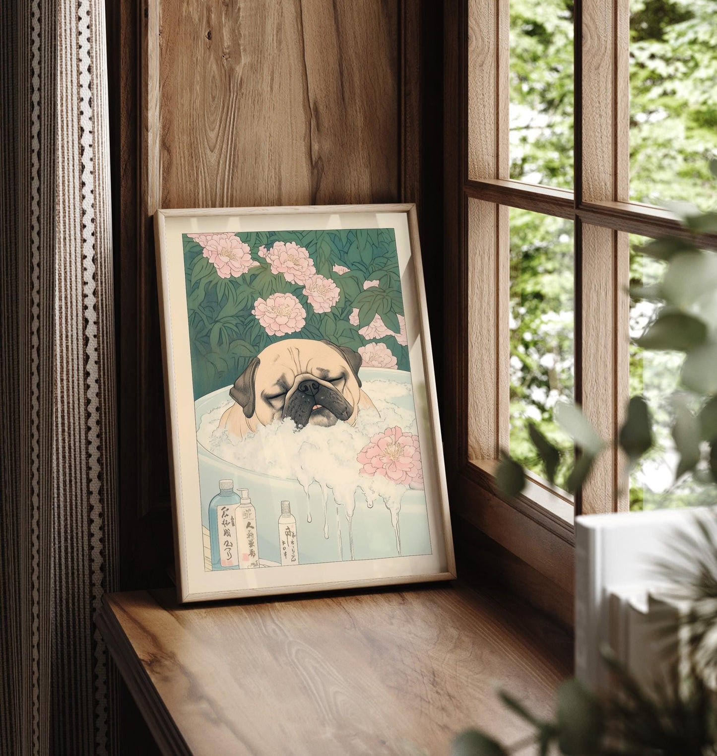 Pug Bathroom Print: Kawaii Japandi Ukiyo-e Dog Art