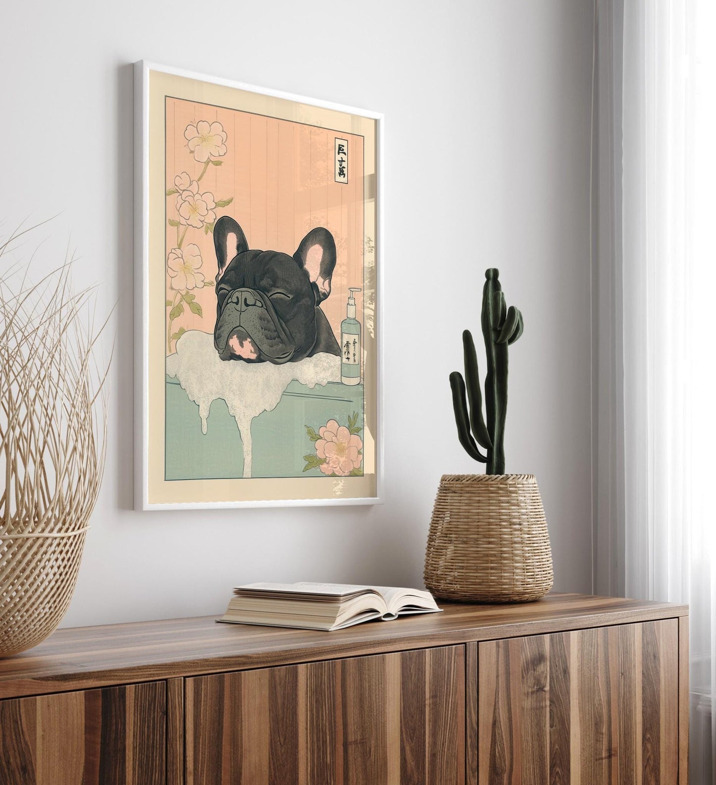 Black French Bulldog Bathroom Print: Japandi Ukiyo-e Dog Art
