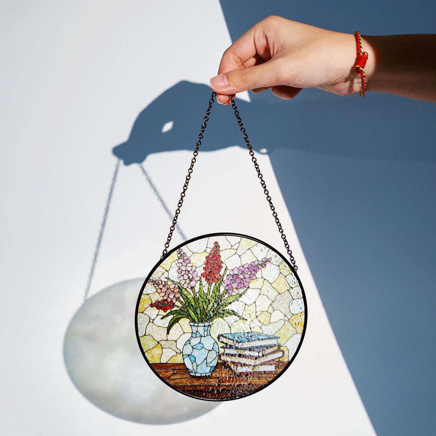Stained Glass Vase with Flowers Suncatcher Window Decor Gift for Book Lovers