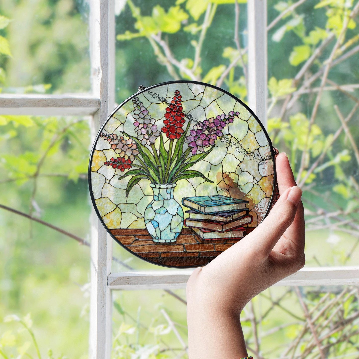 Stained Glass Vase with Flowers Suncatcher Window Decor Gift for Book Lovers