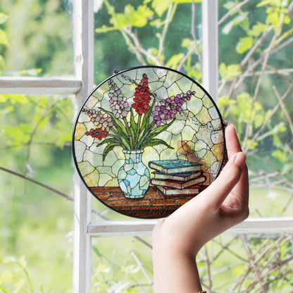 Stained Glass Vase with Flowers Suncatcher Window Decor Gift for Book Lovers