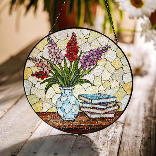 Stained Glass Vase with Flowers Suncatcher Window Decor Gift for Book Lovers