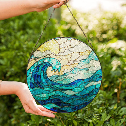 Wave Stained Glass Suncatcher Blue Ocean Design Handmade Gift for Ocean Lovers Beach Decor
