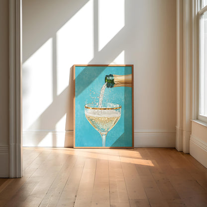 Teal Champagne Coupe Glass Print: Gold Rimmed Bar Cart Art