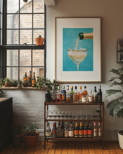 Teal Champagne Coupe Glass Print: Gold Rimmed Bar Cart Art