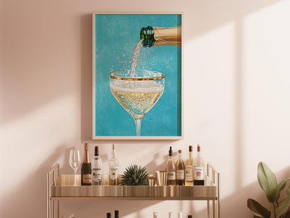 Teal Champagne Coupe Glass Print: Gold Rimmed Bar Cart Art