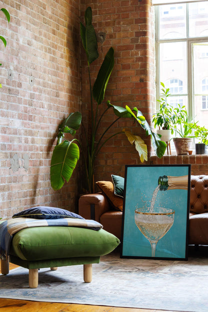 Teal Champagne Coupe Glass Print: Gold Rimmed Bar Cart Art