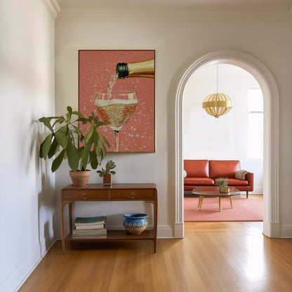 Champagne Coupe Glass Print: Peach Pop Art, Bar Cart Decor