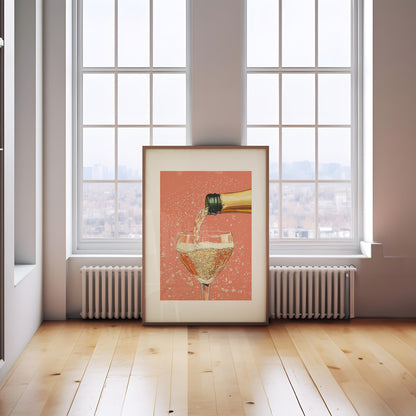 Champagne Coupe Glass Print: Peach Pop Art, Bar Cart Decor
