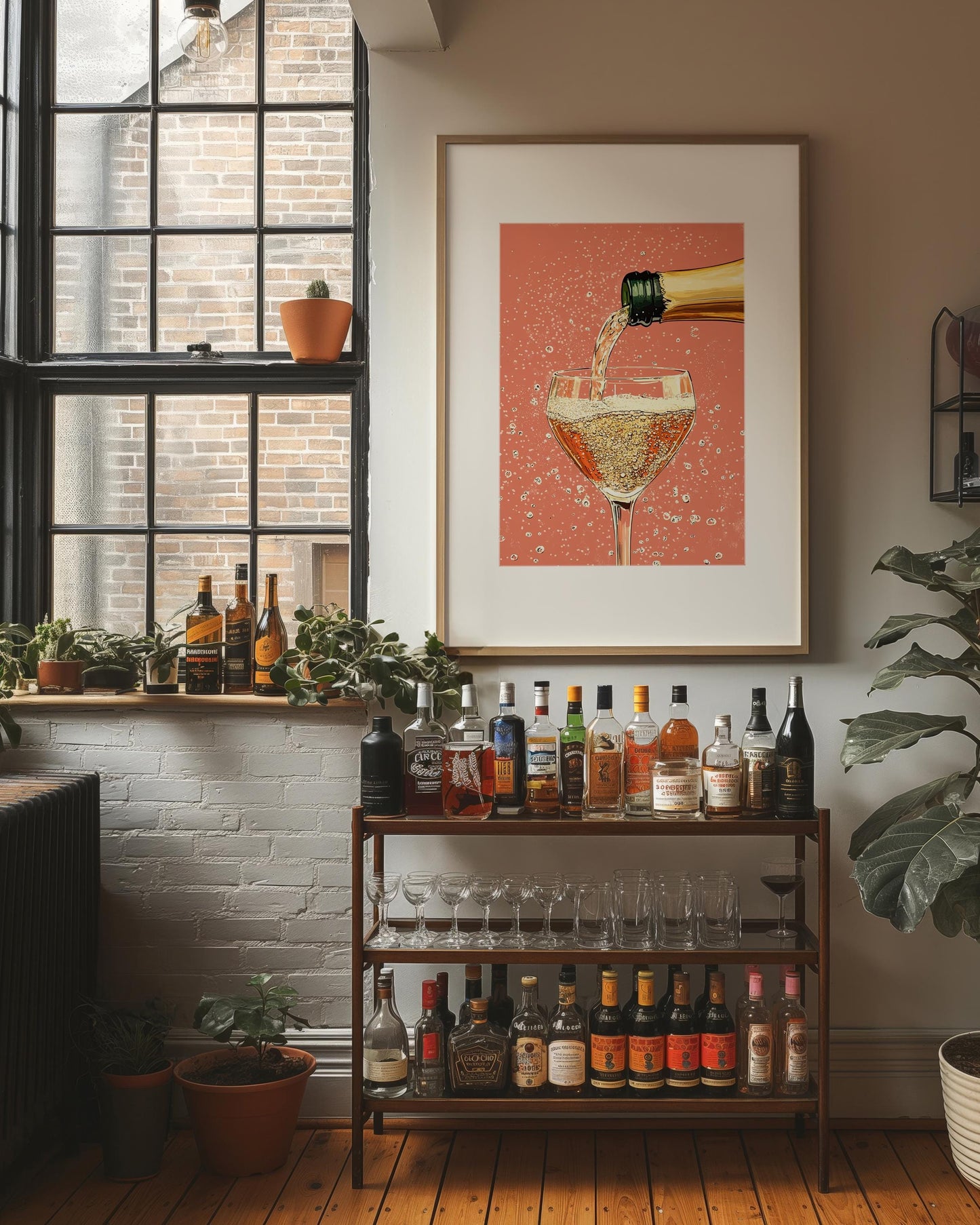 Champagne Coupe Glass Print: Peach Pop Art, Bar Cart Decor