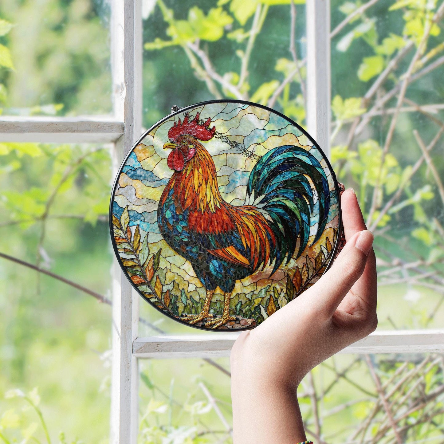 Rooster Stained Glass Suncatcher Window Hanging Gift for Farmers Nature Lovers