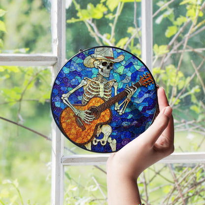 Skeleton Cowboy Playing Guitar Stained Glass Suncatcher Gift for Music Lovers