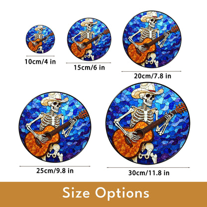 Skeleton Cowboy Playing Guitar Stained Glass Suncatcher Gift for Music Lovers