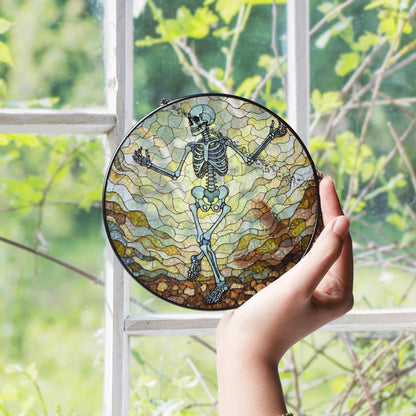 Dancing Skeleton Stained Glass Suncatcher Halloween Decor Gift for Goth Lovers