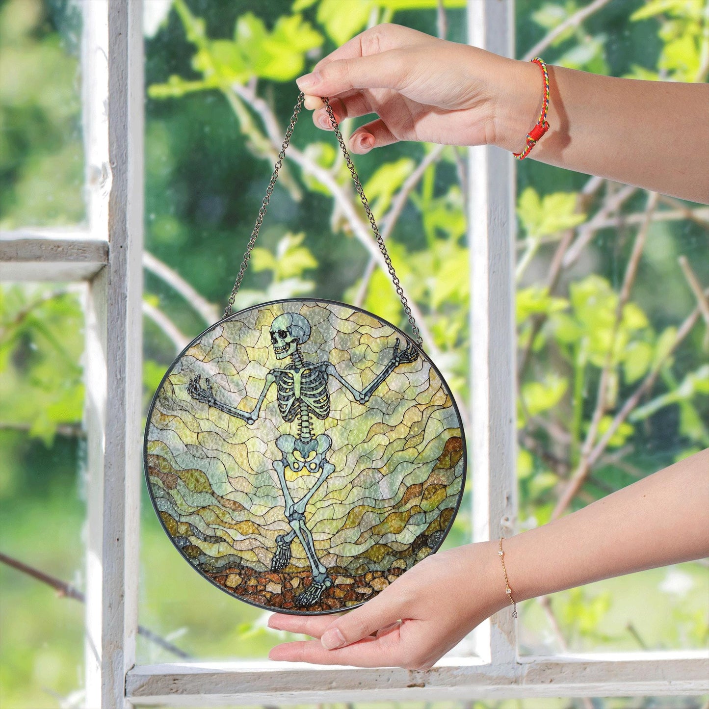 Dancing Skeleton Stained Glass Suncatcher Halloween Decor Gift for Goth Lovers