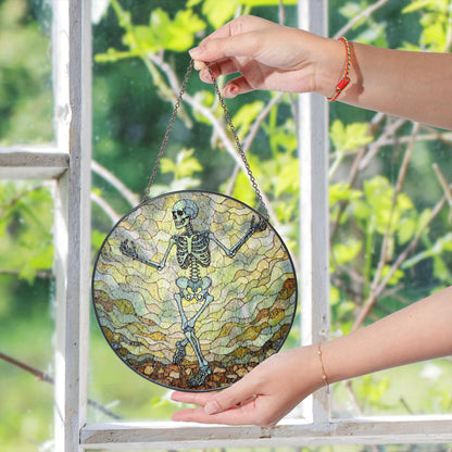 Dancing Skeleton Stained Glass Suncatcher Halloween Decor Gift for Goth Lovers
