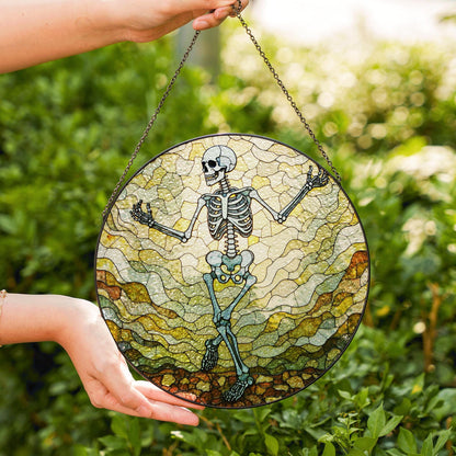Dancing Skeleton Stained Glass Suncatcher Halloween Decor Gift for Goth Lovers