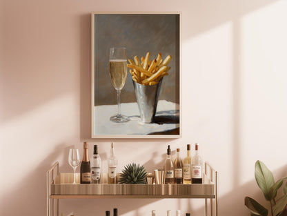 Pomme Frites and Champagne Bar Cart Art Print | Cute Quirky Whimsical | Cocktail Art Bar Cart Decor | French Fries | Trendy Home Wall Art