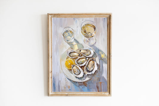 Oysters with Lemon and White Wine Bar Cart Art Print | Cute Quirky Whimsical | Cocktail Art Bar Cart Decor | Trendy Home Wall Art Gift