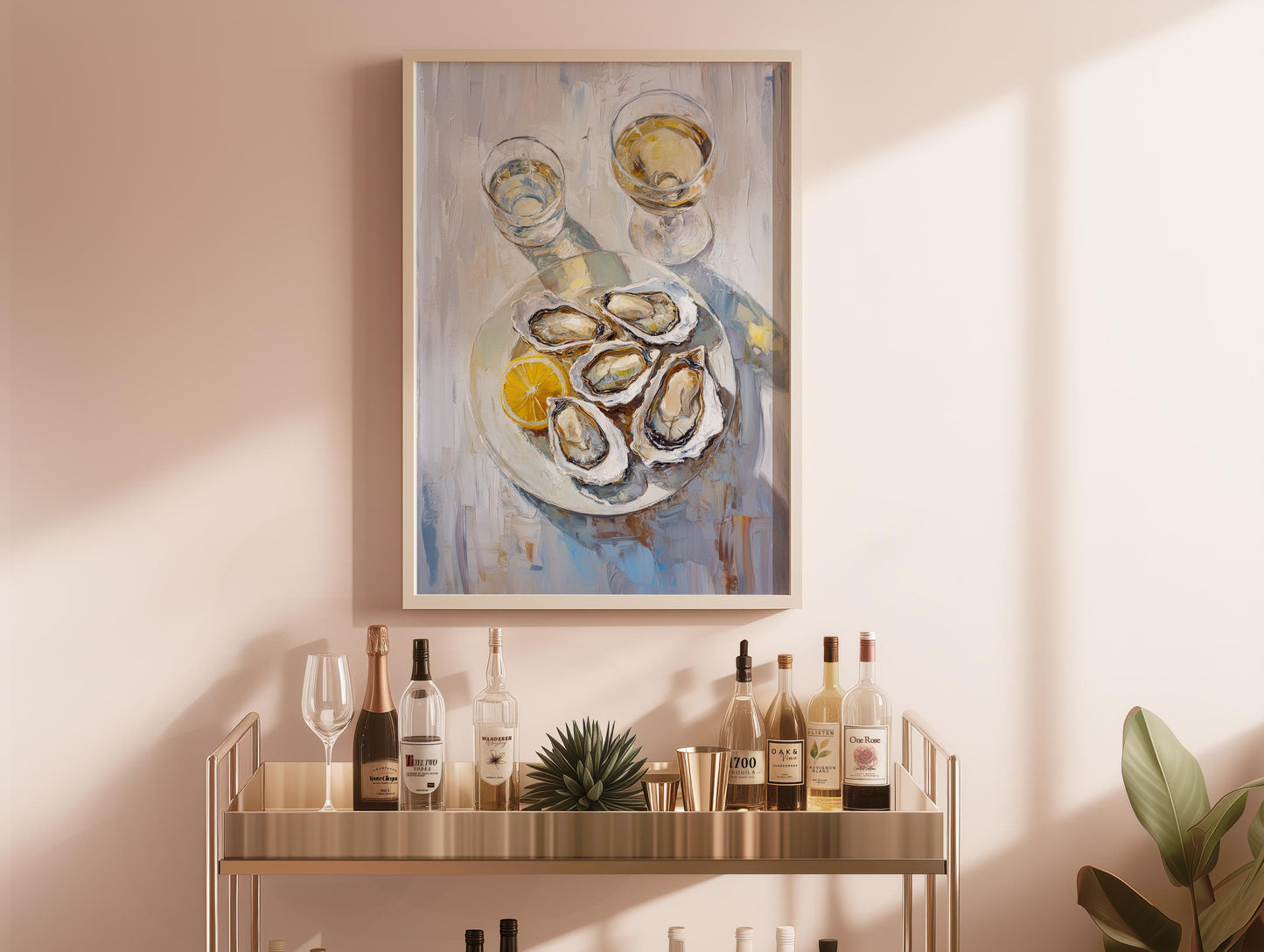 Oysters with Lemon and White Wine Bar Cart Art Print | Cute Quirky Whimsical | Cocktail Art Bar Cart Decor | Trendy Home Wall Art Gift