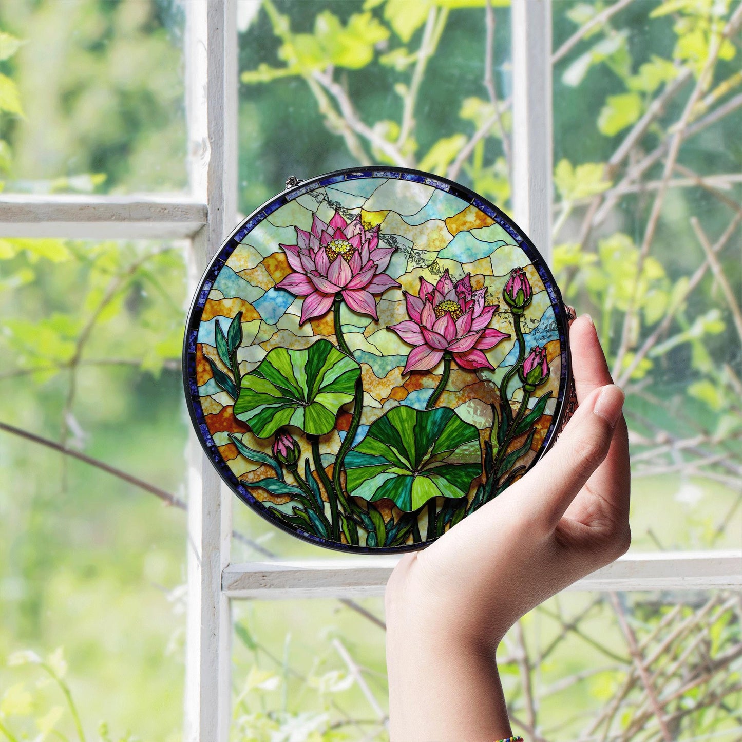 Lotus Flower Stained Glass Suncatcher Window Decor Gift for Mom Friend