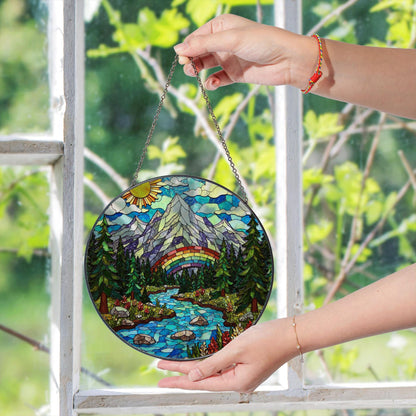 Mountain River Stained Glass Suncatcher Nature Decor Gift for Mom Dad Friends
