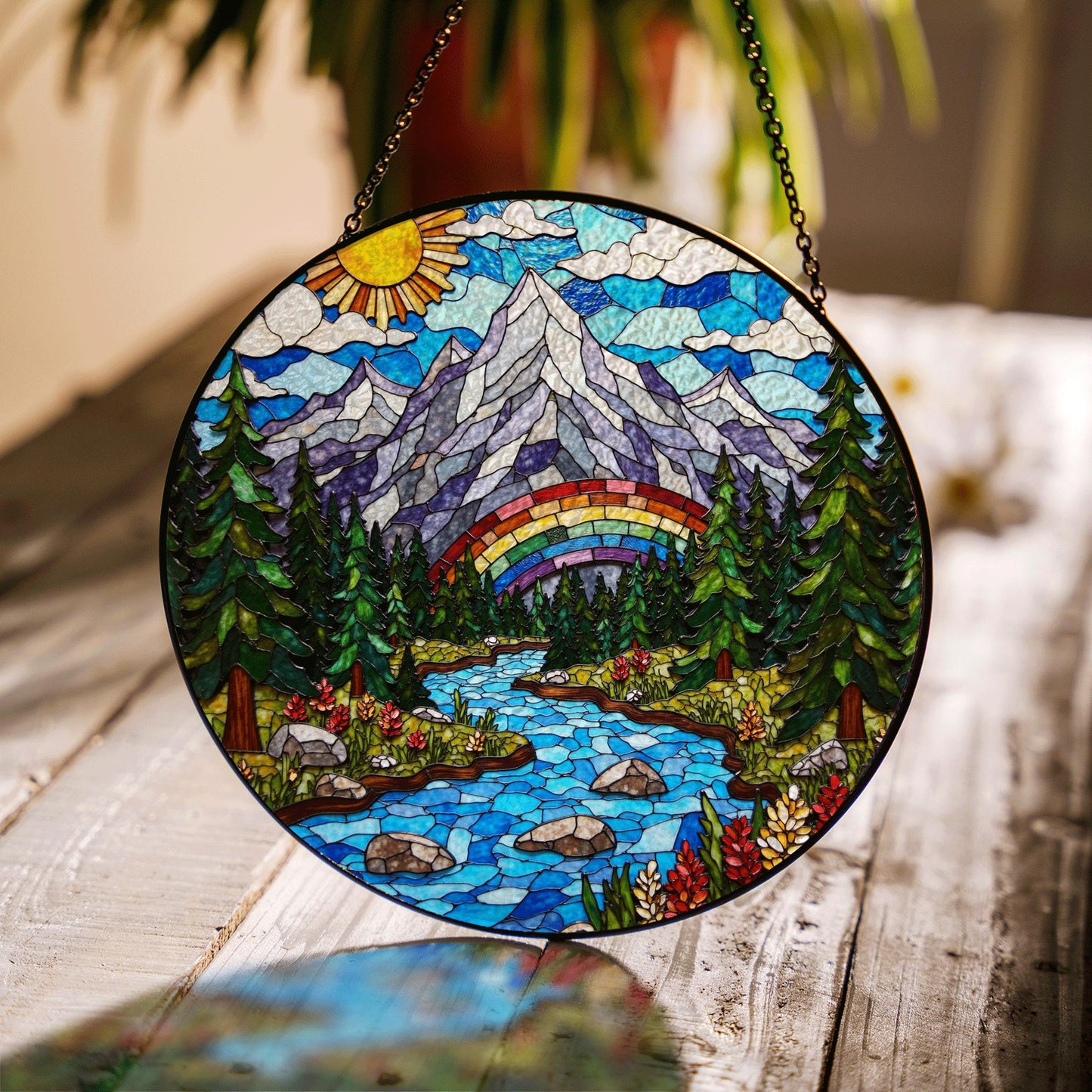 Mountain River Stained Glass Suncatcher Nature Decor Gift for Mom Dad Friends