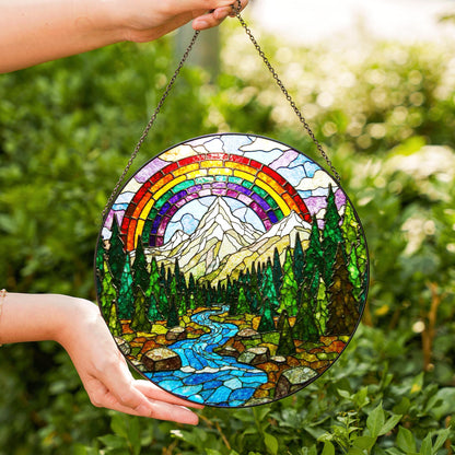 Mountain River Stained Glass Suncatcher Nature Window Hanging Gift for Hikers Campers