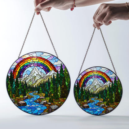 Mountain River Stained Glass Suncatcher Nature Window Hanging Gift for Hikers Campers