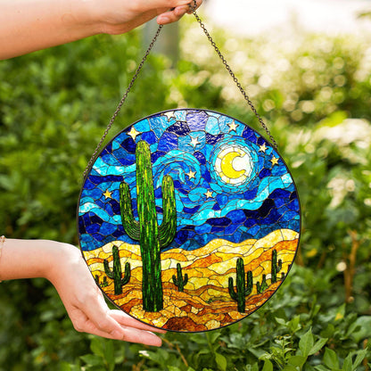 Desert Cactus Stained Glass Suncatcher Window Hanging Gift for Nature Lovers