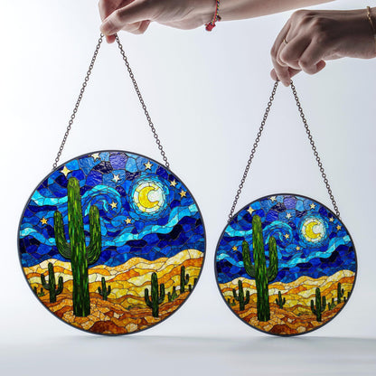 Desert Cactus Stained Glass Suncatcher Window Hanging Gift for Nature Lovers
