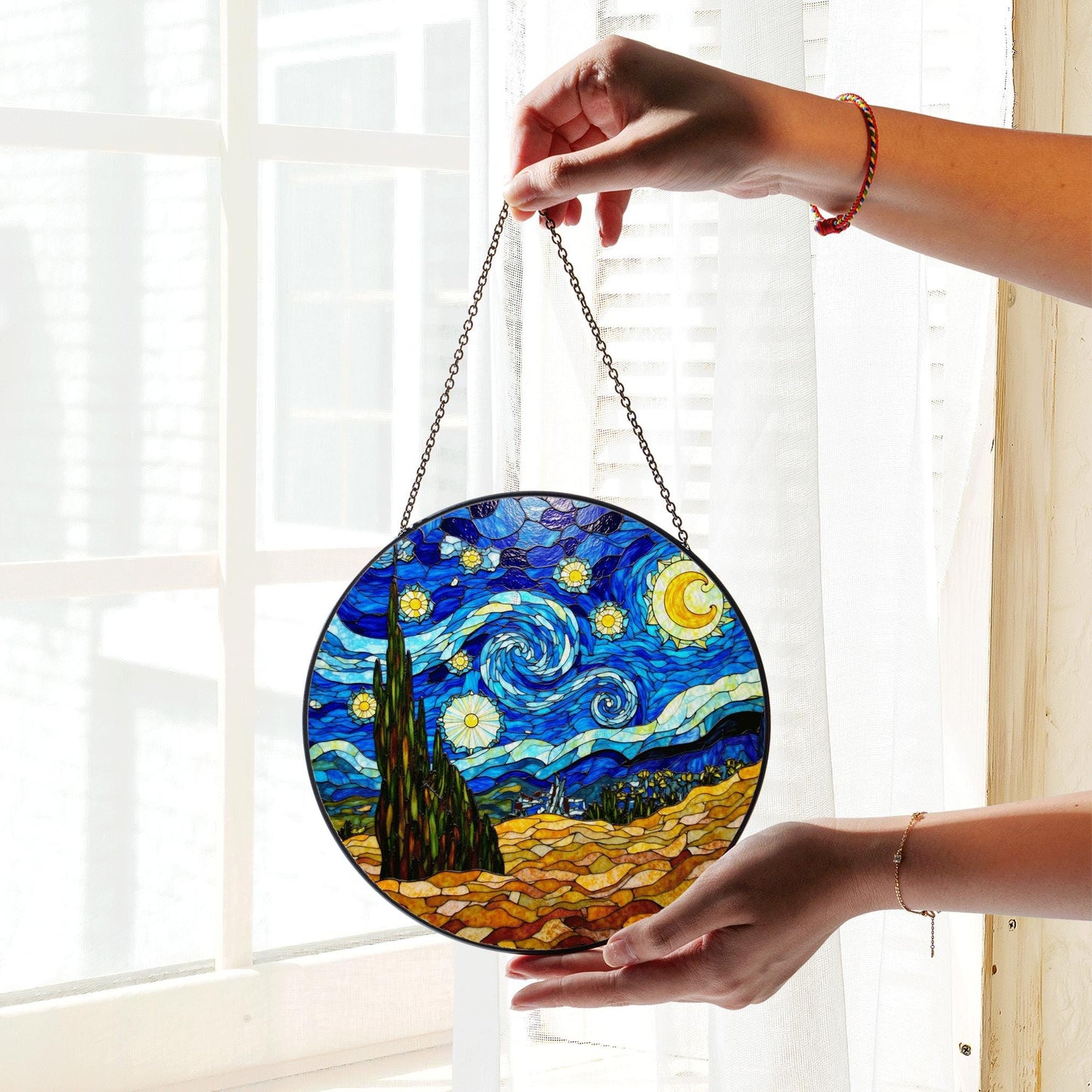 Starry Night Stained Glass Suncatcher Window Decor Gift for Art Lovers