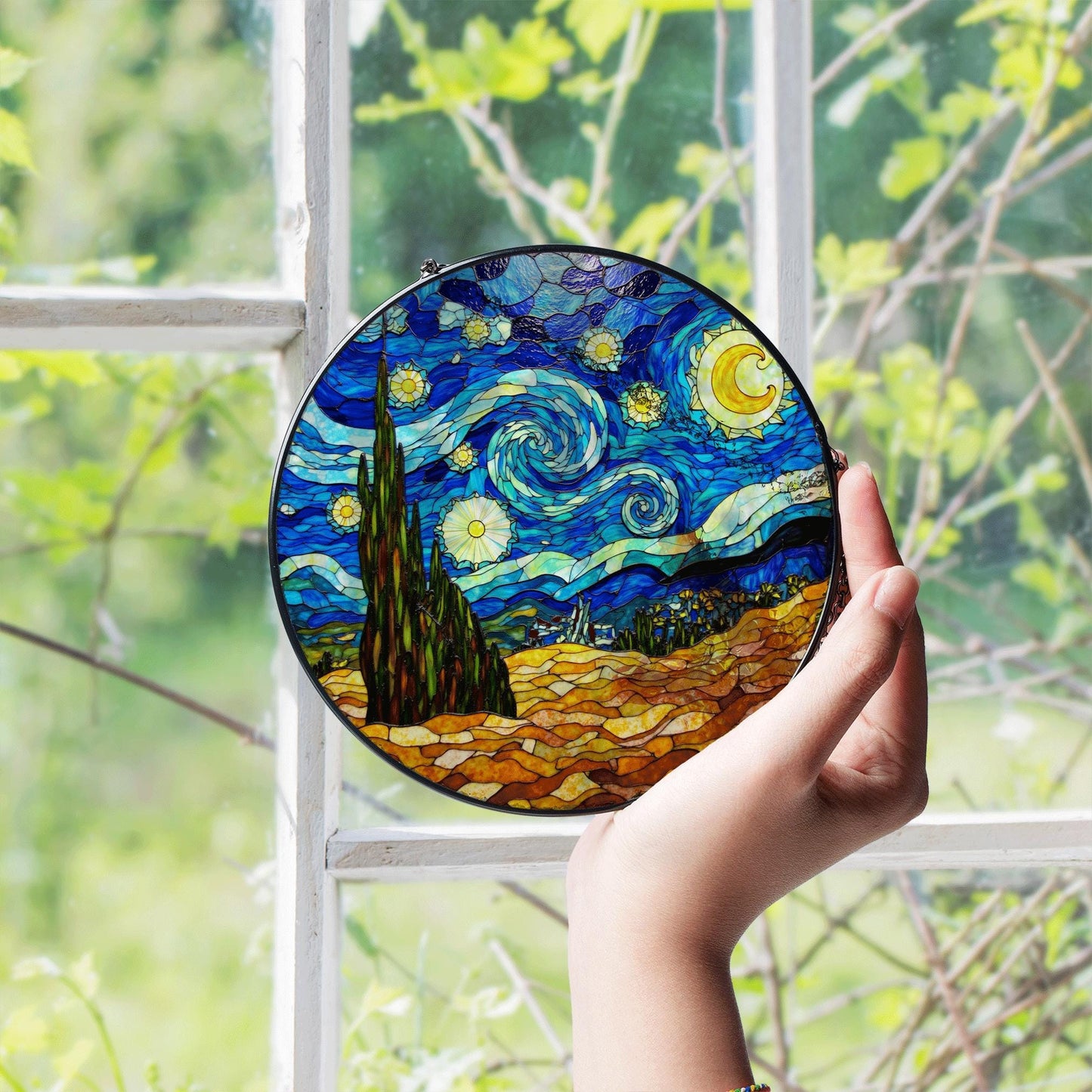 Starry Night Stained Glass Suncatcher Window Decor Gift for Art Lovers