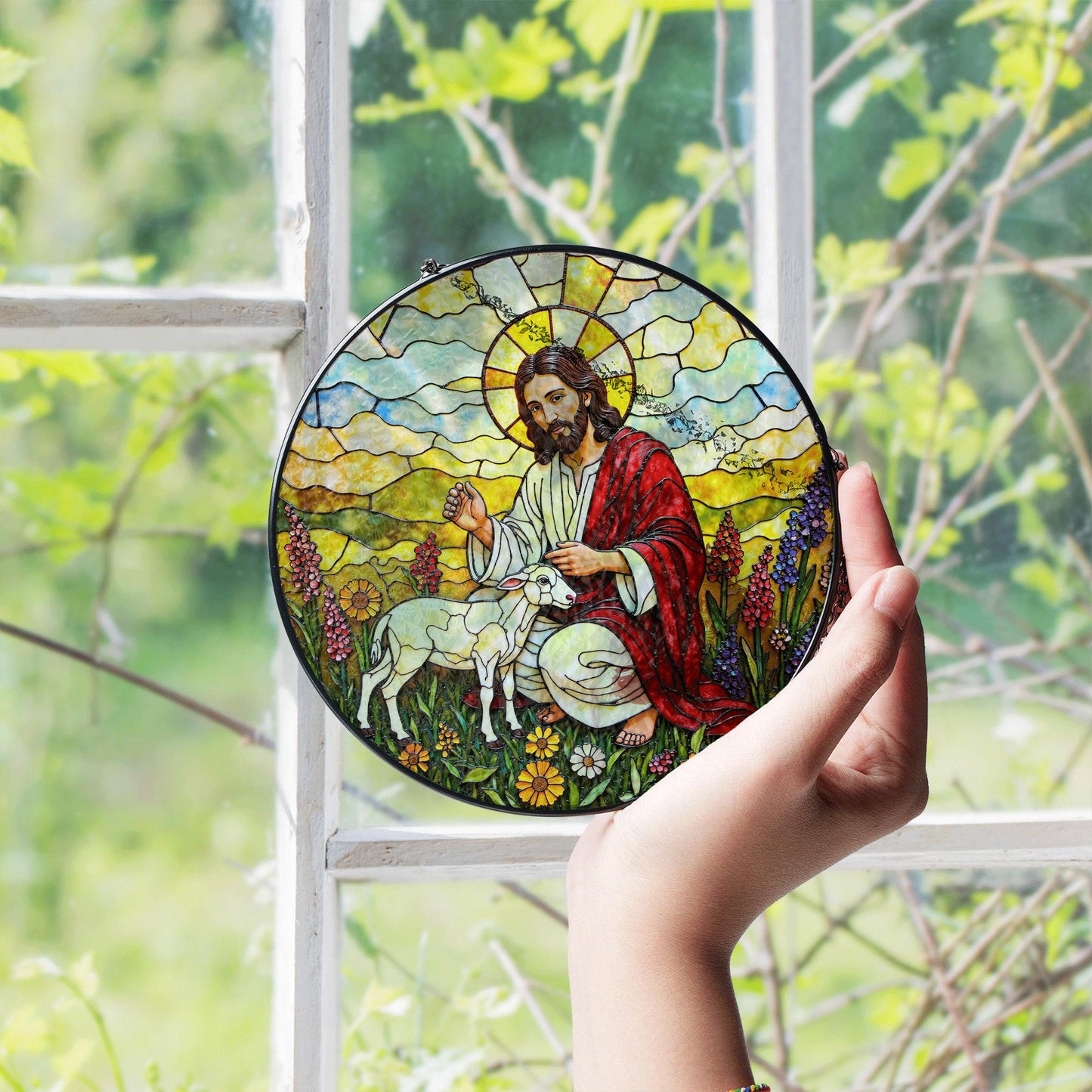 Jesus Good Shepherd Stained Glass Suncatcher Christian Home Decor Gift for Mom Dad