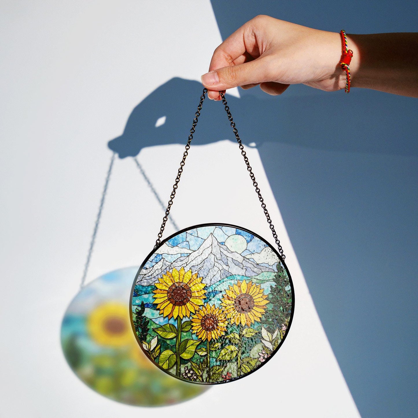 Sunflower Stained Glass Suncatcher Mountain Art Window Hanging Gift for Nature Lovers