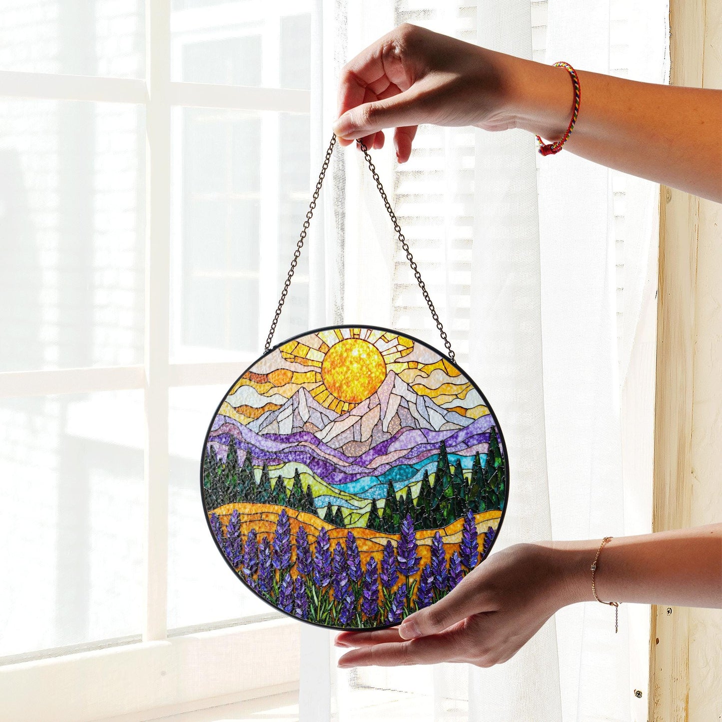 Mountain Sun Suncatcher Stained Glass Window Hanging Gift for Nature Lovers