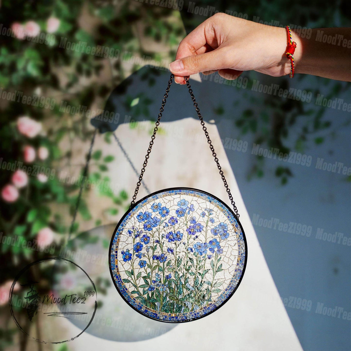 Forget-Me-Not Stained Glass Suncatcher, Window Hanging Decor, Handmade Floral Sun Catcher, Nature Inspired Art, Botanical Glass Ornament