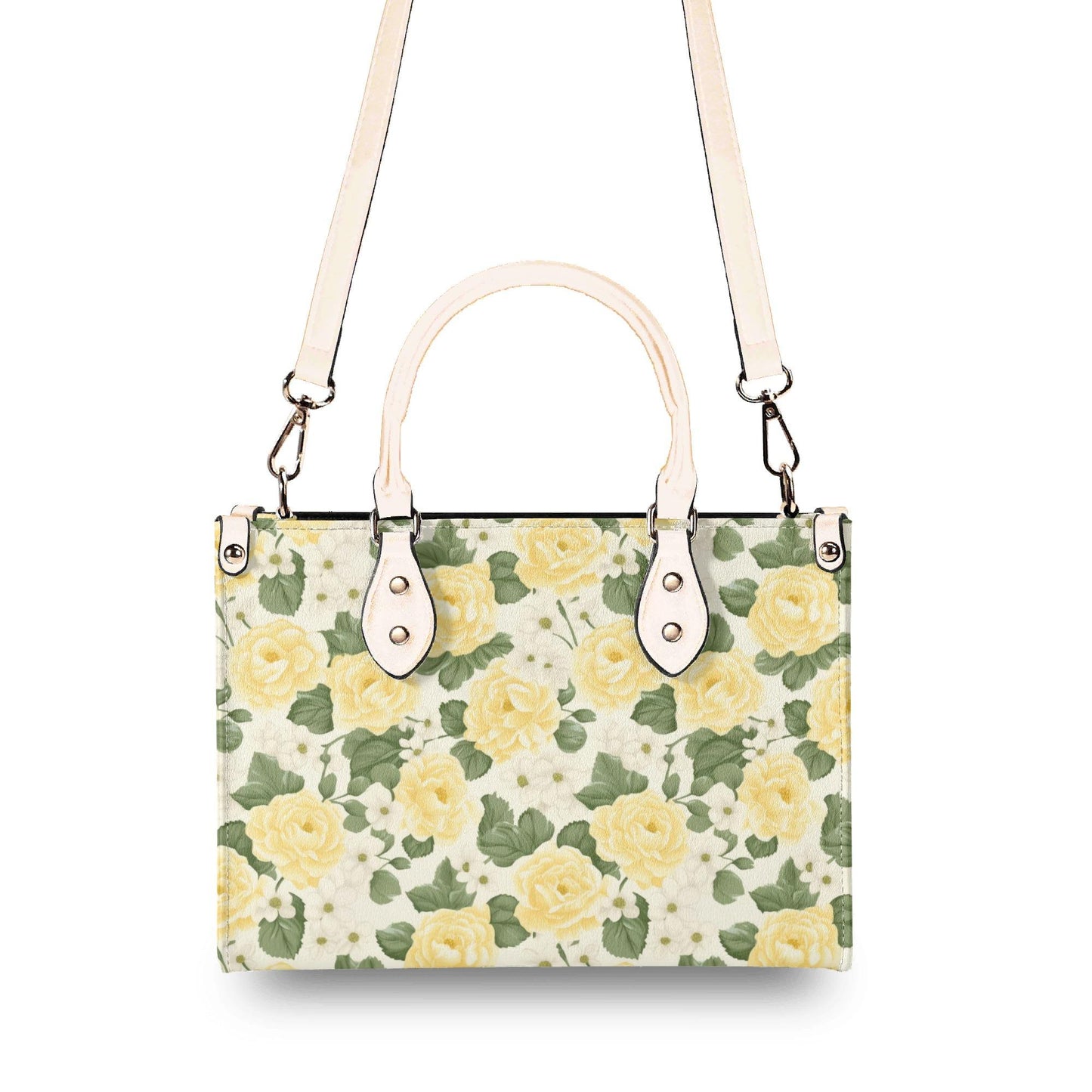 Yellow Rose Garden Bag - Vegan Leather, Crossbody or Shoulder Carry, Inside Pocket & Removable Strap