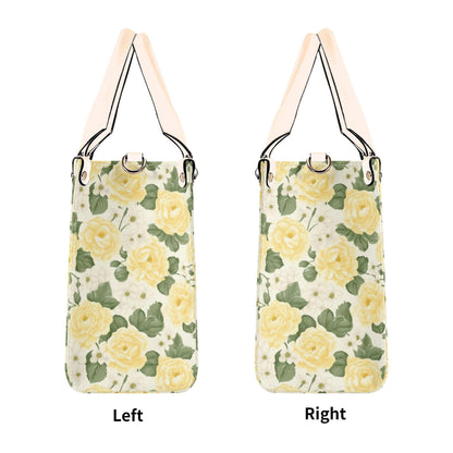 Yellow Rose Garden Bag - Vegan Leather, Crossbody or Shoulder Carry, Inside Pocket & Removable Strap