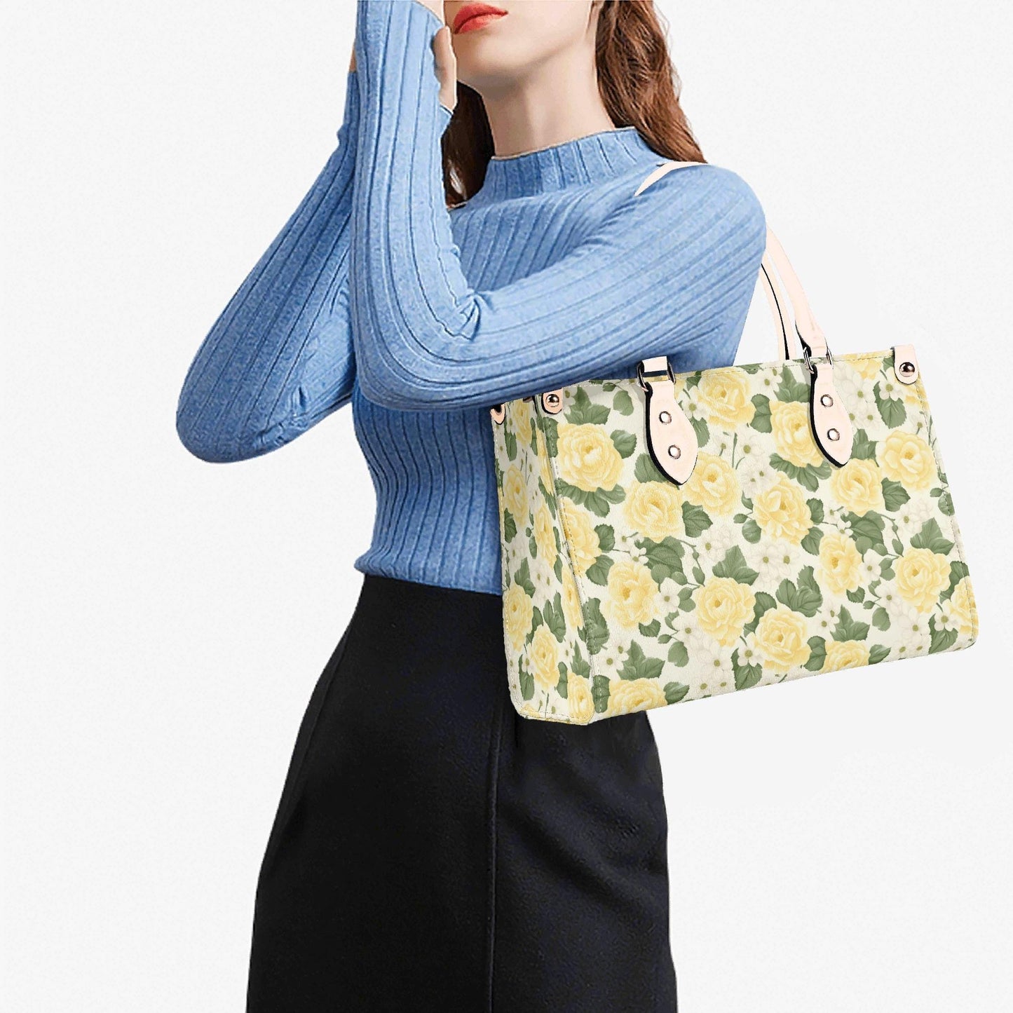 Yellow Rose Garden Bag - Vegan Leather, Crossbody or Shoulder Carry, Inside Pocket & Removable Strap