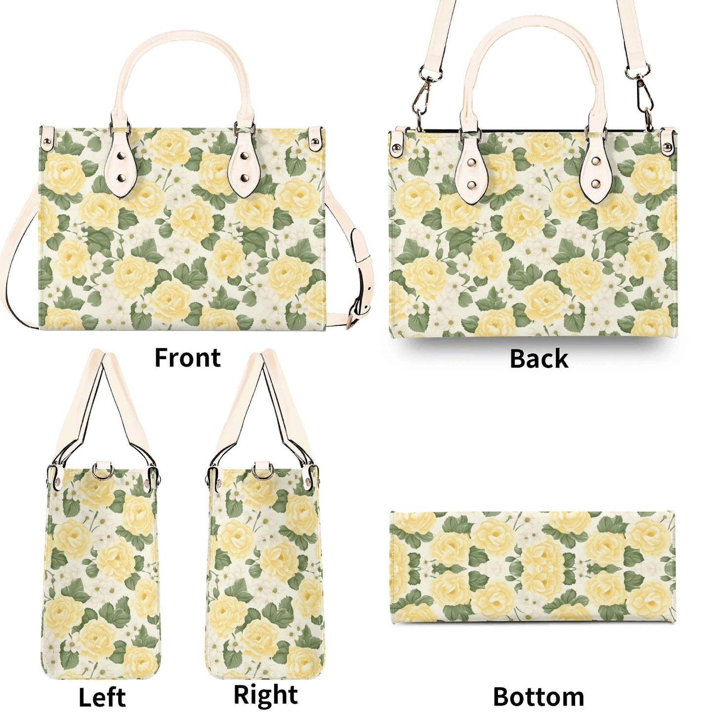 Yellow Rose Garden Bag - Vegan Leather, Crossbody or Shoulder Carry, Inside Pocket & Removable Strap