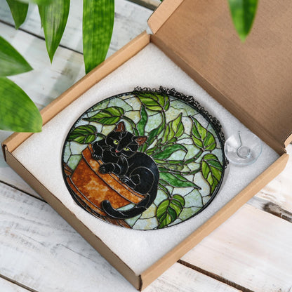 Black Cat Stained Glass Suncatcher Gift for Cat Lovers Window Decor
