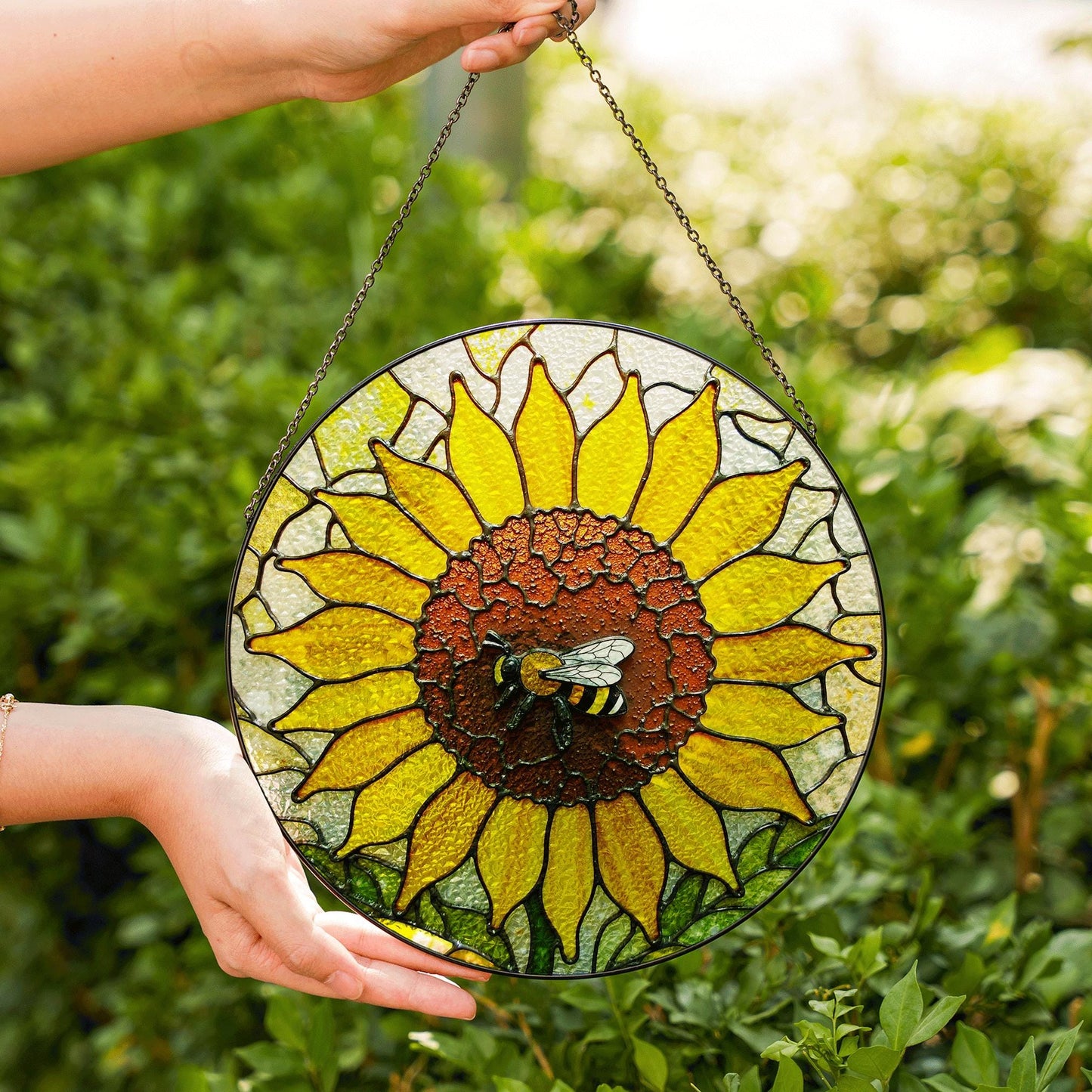 Sunflower Stained Glass Suncatcher Bee Decoration Gift for Garden Lovers