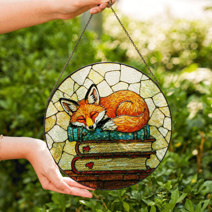 Fox Suncatcher Stained Glass Hanging Ornament Fox Sleeping on Books Perfect Gift for Book Lovers and Animal Enthusiasts